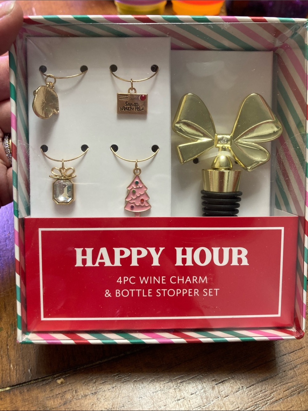 Happy Hour 4pc Wine Charm & Gold Bow Bottle Stopper Set